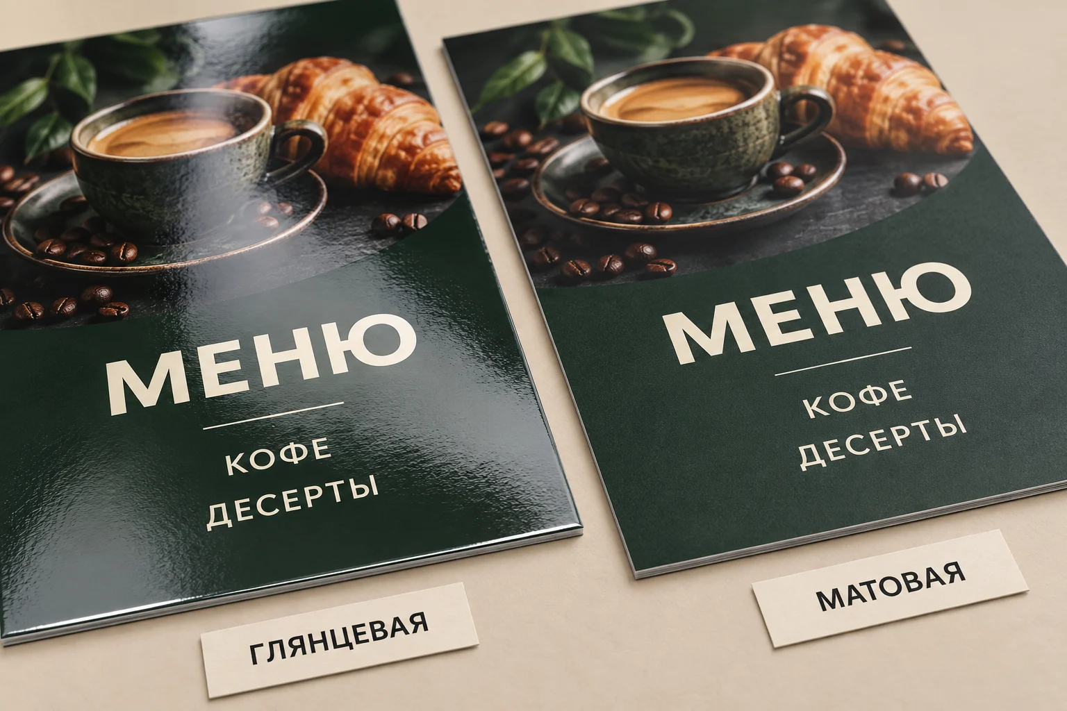 Крупный план двух тёмно-зелёных меню: блестящая глянцевая ламинация слева и матовая поверхность справа