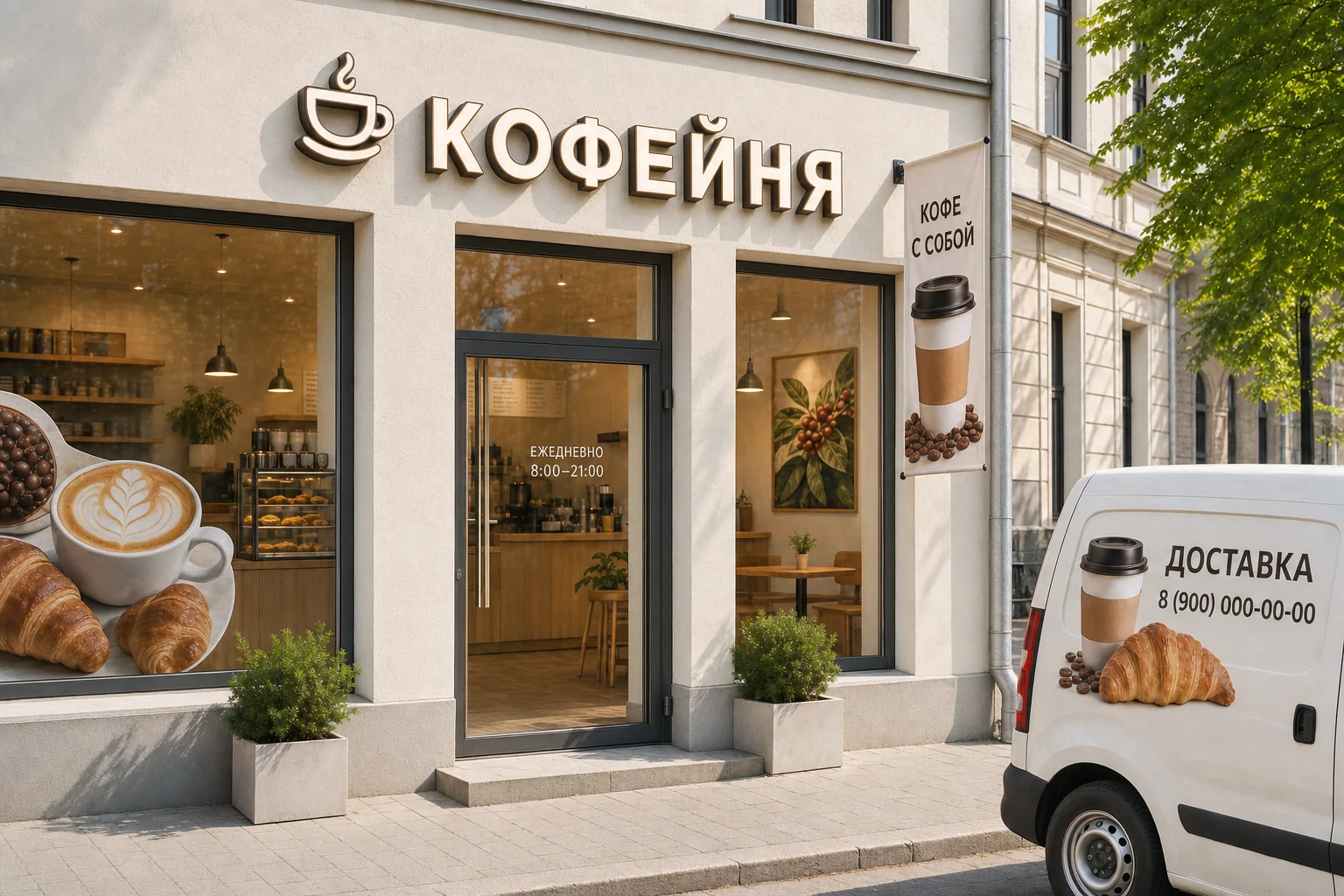 Кофейня с вывеской, баннером и оформленной витриной