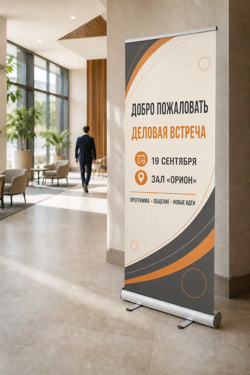 ПЕЧАТЬ32 — Roll-up стенды; Roll-up с насыщенным русским макетом в лобби делового центра, образец смежной услуги, кадр 1, получение в Тамбове, «Штендеры»