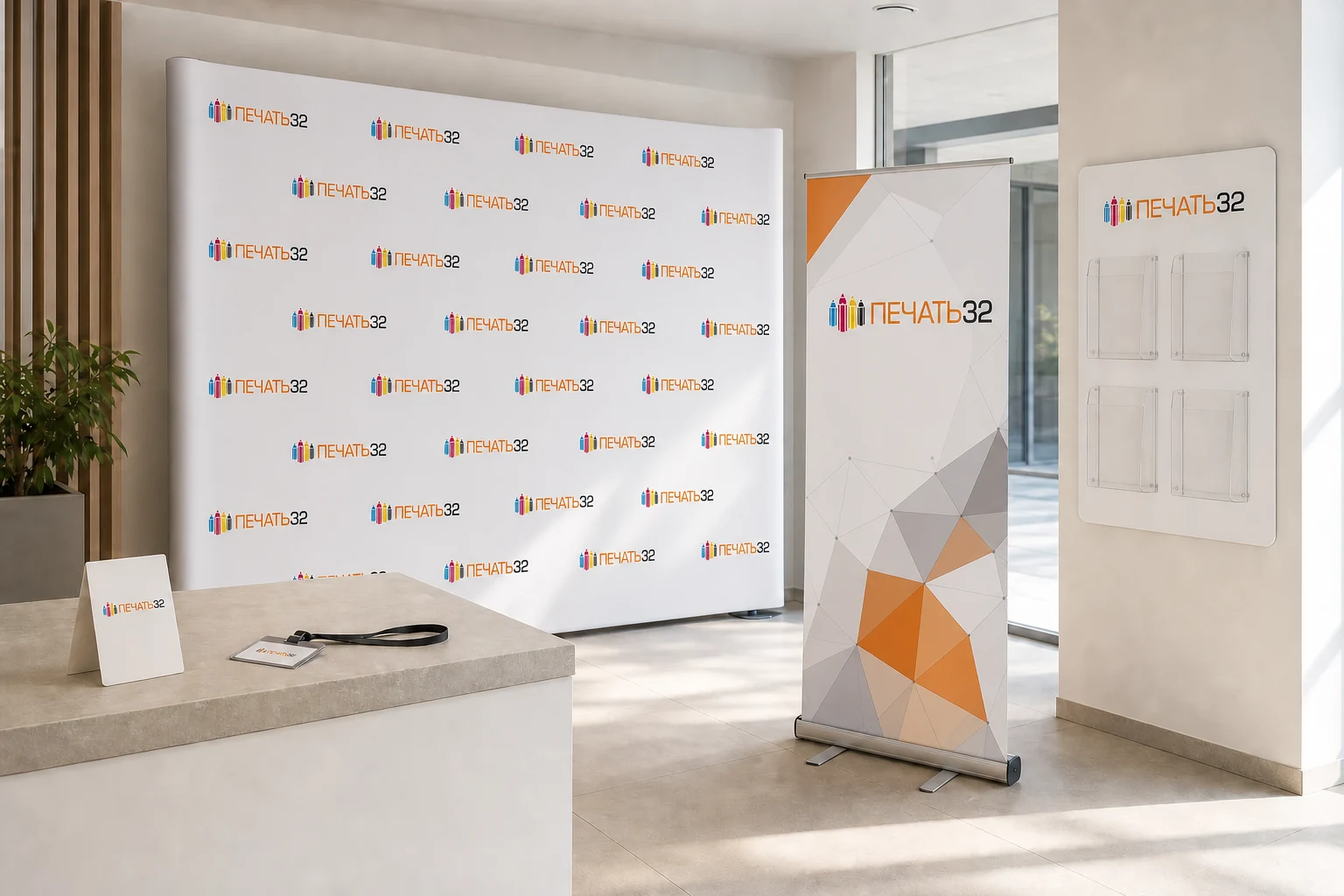 Press Wall, Roll-up, информационный стенд и промоматериалы в светлом интерьере