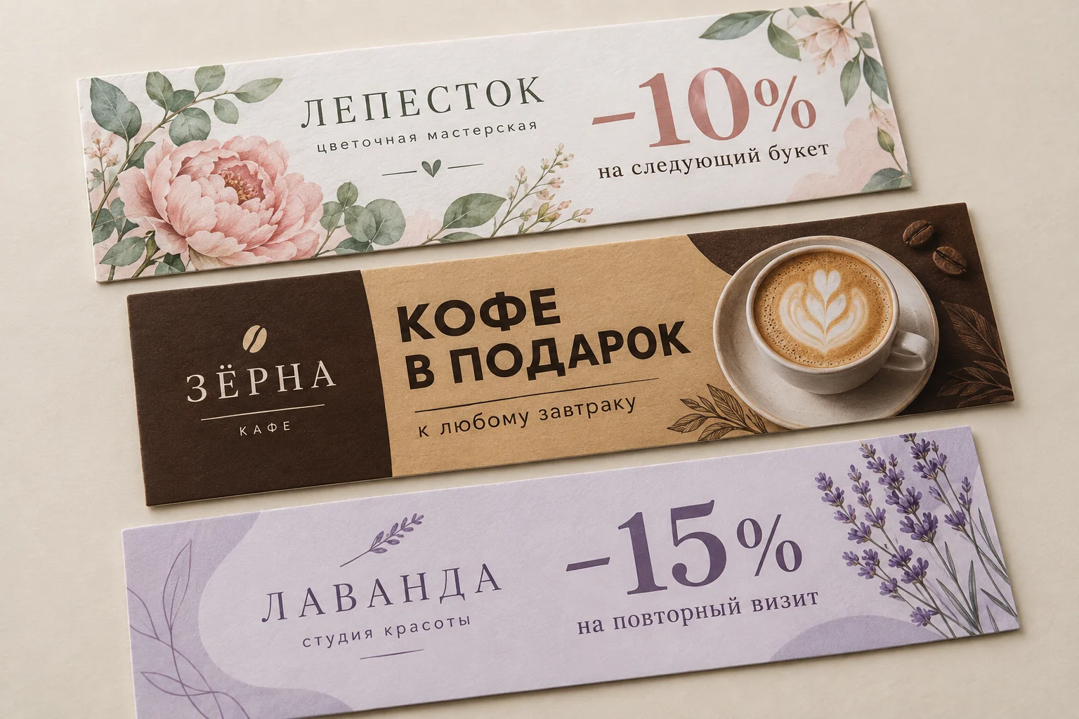 образец смежной услуги, кадр 2: Купоны; Купоны с разным оформлением для цветочного магазина, кафе и — ПЕЧАТЬ32, заказ с получением в Тамбове, «Флаеры»