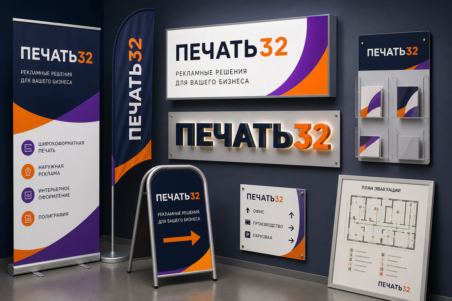 ПЕЧАТЬ32: Планы эвакуации — образец смежной услуги, кадр 2; Печатный план эвакуации со схемой помещений и обозначениями, получение в Тамбове, страница «Таблички»