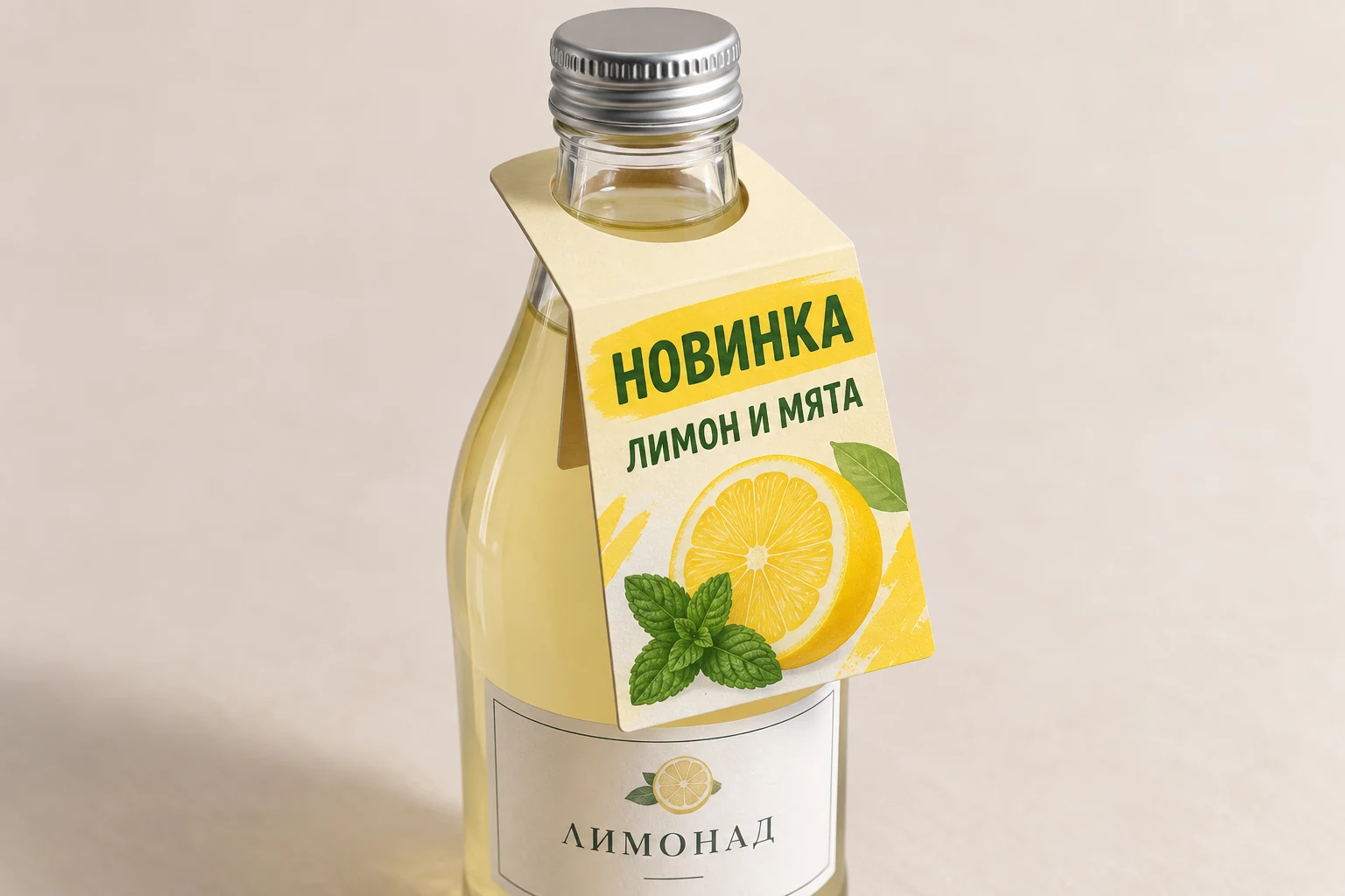 Кремово-жёлтый некхенгер «НОВИНКА — ЛИМОН И МЯТА» на горлышке бутылки лимонада над основной этикеткой