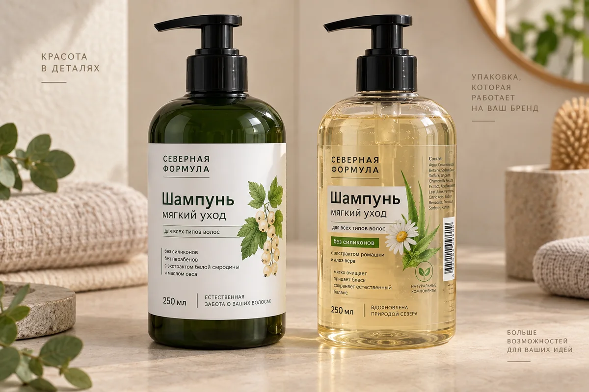 Белая полипропиленовая этикетка на зелёном флаконе и прозрачная этикетка с белой печатью на бутылке шампуня